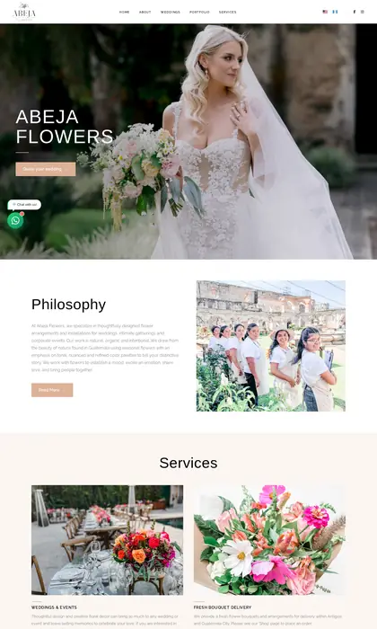 Página web diseñada por Blue Ark Solutions para Abeja Flowers, floristería para bodas en Antigua Guatemala