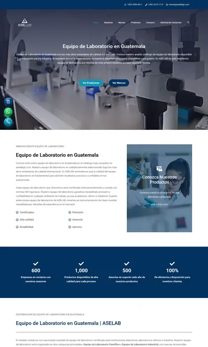 Página web diseñada por Blue Ark Solutions para Aselab, equipo de laboratorio en Guatemala