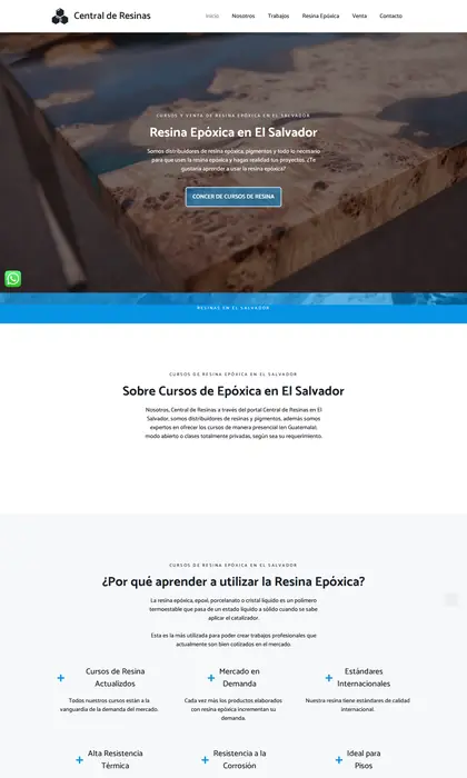 Página web diseñada por Blue Ark Solutions para Central de Resinas, cursos de resina epóxica en El Salvador