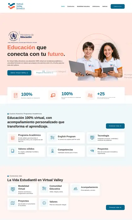 Página web diseñada por Blue Ark Solutions para Colegio Virtual Valley, colegio en línea en Guatemala