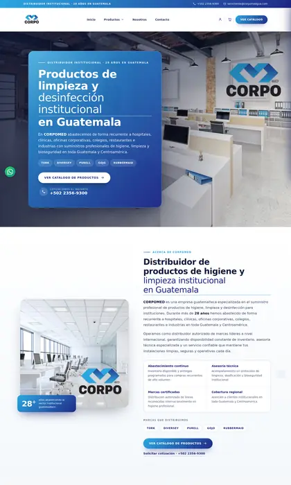 Página web diseñada por Blue Ark Solutions para CORPOMED, productos de limpieza profesional en Guatemala