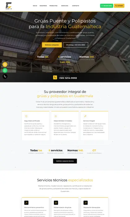 Página web diseñada por Blue Ark Solutions para Crane-In, grúas puente y polipastos en Guatemala