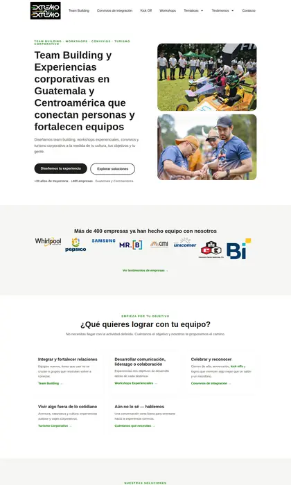 Página web diseñada por Blue Ark Solutions para Extremo a Extremo, experiencias corporativas en Guatemala