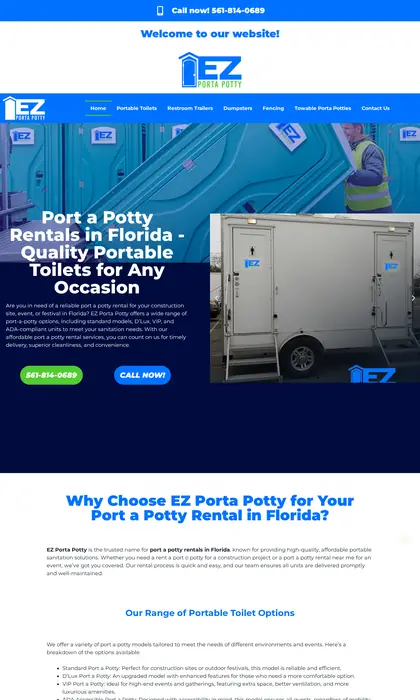 Página web diseñada por Blue Ark Solutions para EZ Porta Potty, alquiler de sanitarios portátiles en EE. UU.