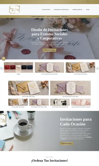 Página web diseñada por Blue Ark Solutions para Ideas en Papel, invitaciones para eventos sociales y corporativos