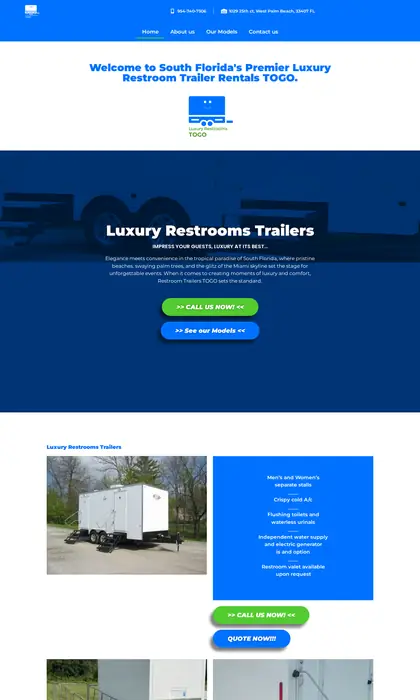 Página web diseñada por Blue Ark Solutions para Luxury Restrooms To Go, alquiler de baños de lujo en EE. UU.