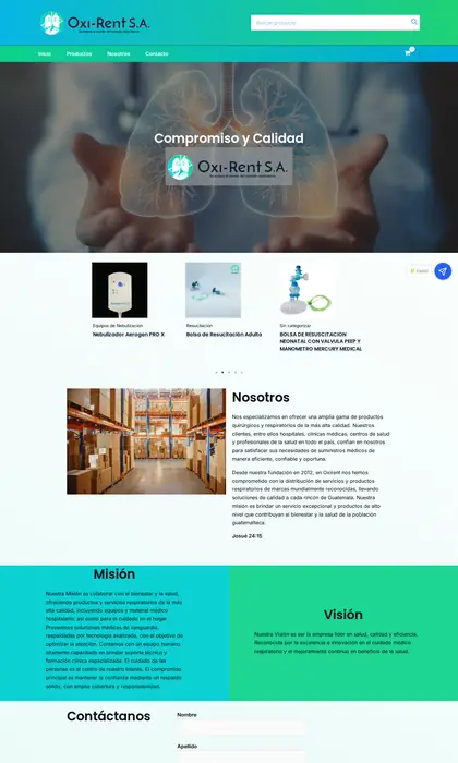 Página web diseñada por Blue Ark Solutions para Oxi-Rent, venta de equipo médico en Guatemala