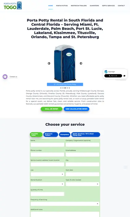 Página web diseñada por Blue Ark Solutions para Porta Potty To Go, alquiler de sanitarios portátiles en Florida