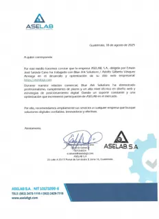 Carta de recomendación firmada de ASELAB, S.A.