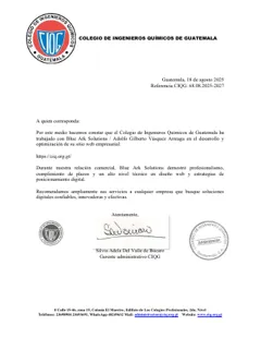 Carta de recomendación firmada de Colegio de Ingenieros Químicos de Guatemala (CIQ)