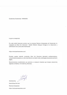 Carta de recomendación firmada de Resinas Artesanales