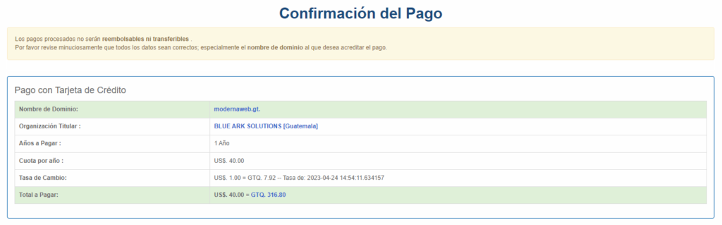 Confirmación de Pago para Crear una Página Web en Guatemala