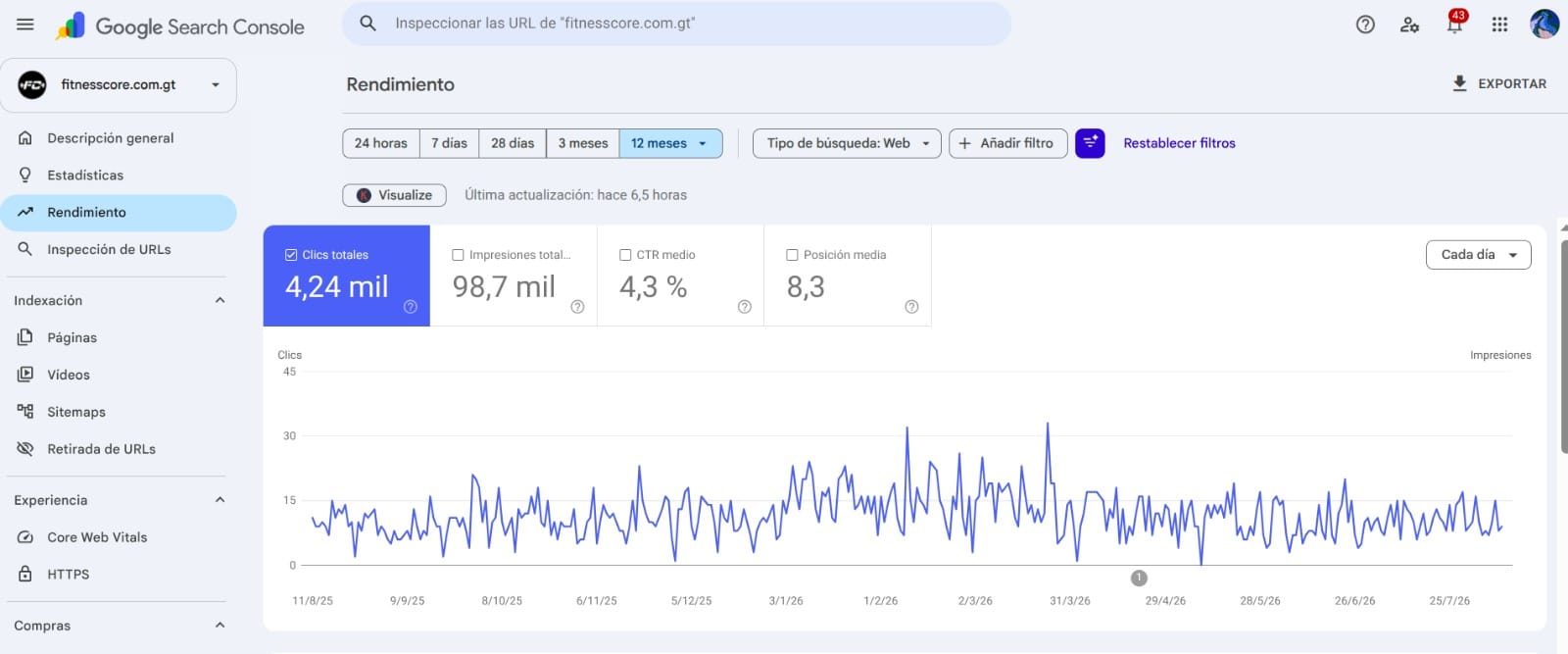 Resultados de SEO en Search Console para Fitness Core