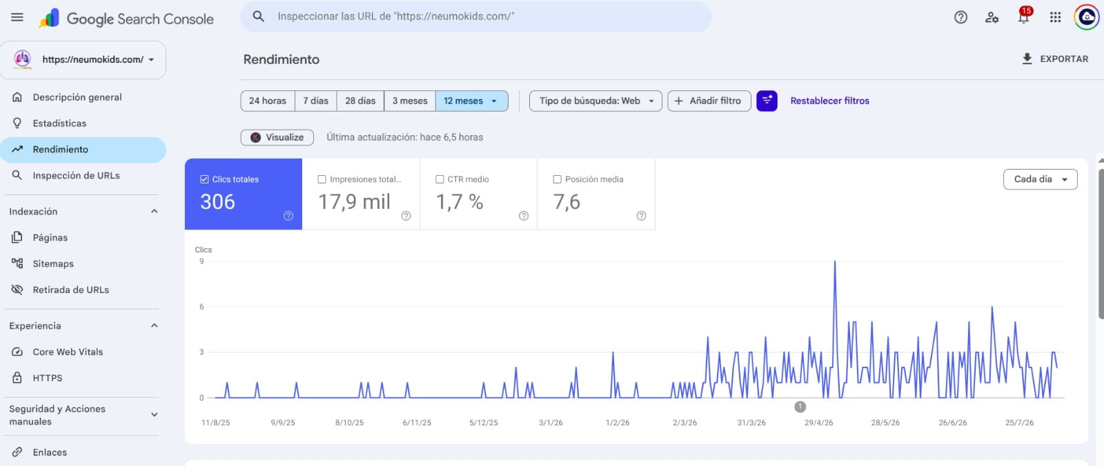 Resultados de SEO en Search Console para Neumokids